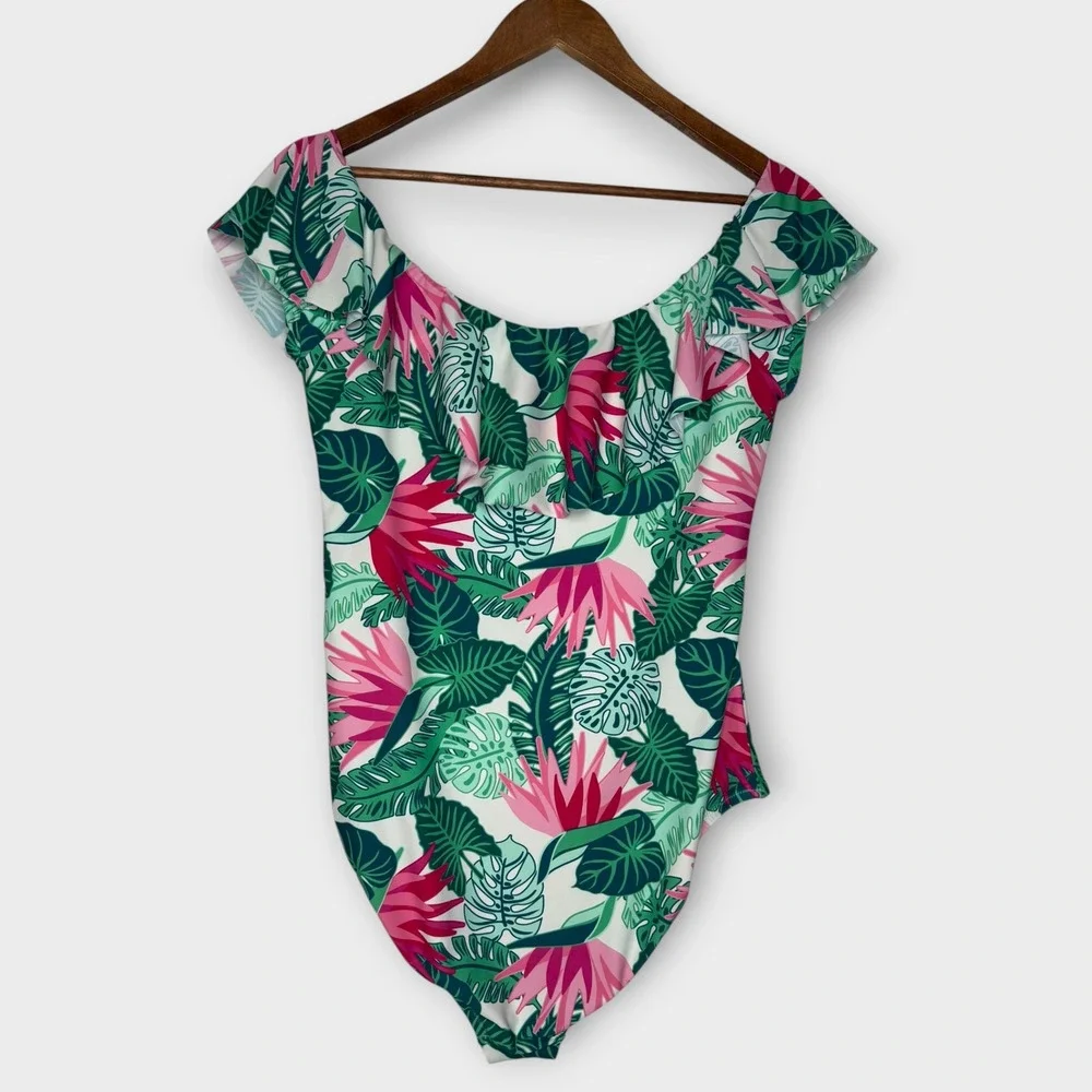 Matilda Jane Palm Tree Paradise One-Piece Ruffle Swimsuit Tropical Modest Large